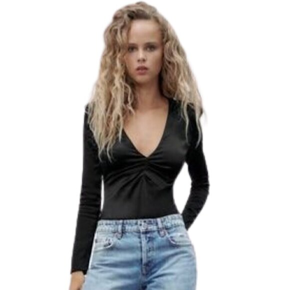 NWOT ZARA Black ruched satin plunging neckline long sleeves bodysuit - Picture 1 of 14
